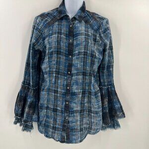 Ryan Michael Women M Blue Plaid Tiered Flared Sleeves  Western Snap Shirt
